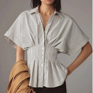 Anthropologie Exquise The Tobie Short-Sleeve Pleated Blouse Neutral Motif M